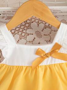 SHEIN Baby Girl Multi-Layer Design Fashionable Cap Sleeve Dress And Hat - Yellow - View 4