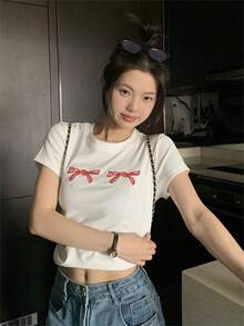 蝴蝶刺繡圓領短袖休閒T恤 - 白色 - 查看 5