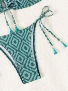 SHEIN Swim Women's Summer Beach Geometric Printed Bandeau Hollow Out Tie Bikini Set - Green - View 4