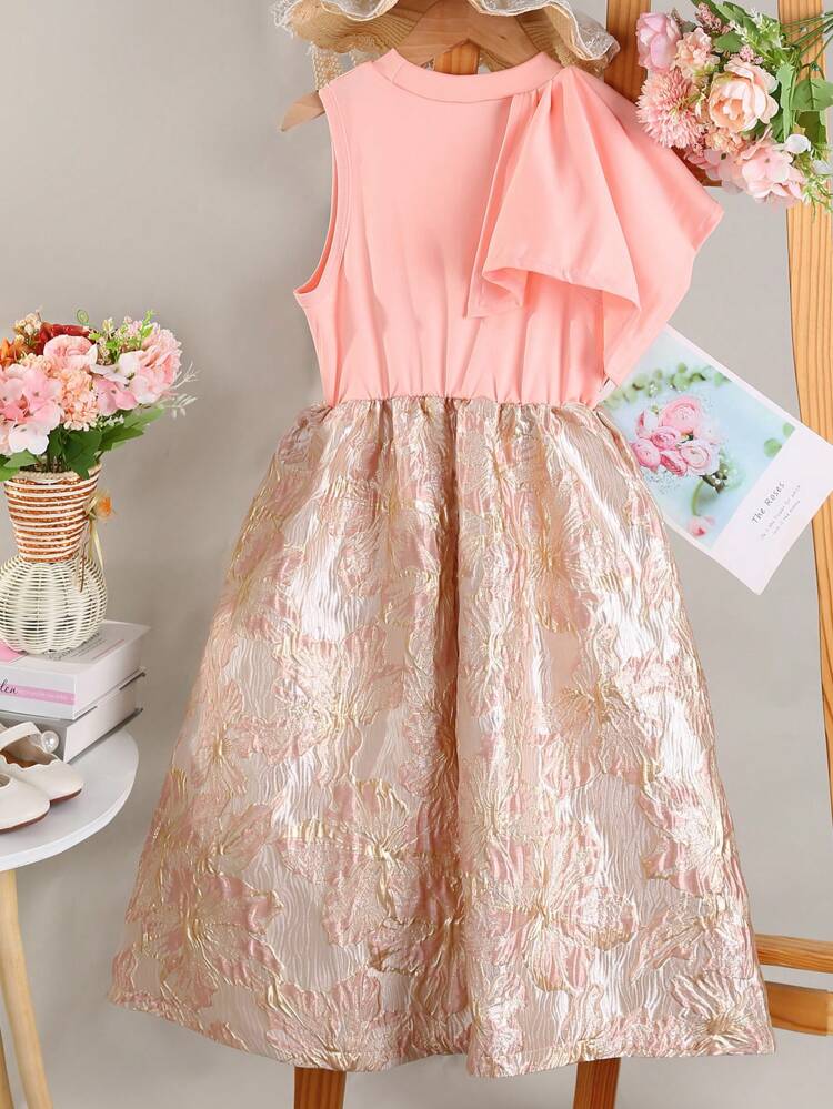 Tween Girl Elegant High Neck Sleeveless Jacquard Formal Dress With Waist Belt
