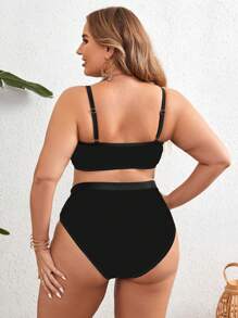SHEIN Swim Curve Plus Size Simple Vacation Style Spaghetti Strap Bikini And Bikini Bottom Set,Summer Beach - Black - View 2