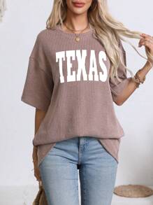 INAWLY 德克萨斯 & 字母印花时尚罗纹女式上衣夏季宽松超大落肩 T 恤