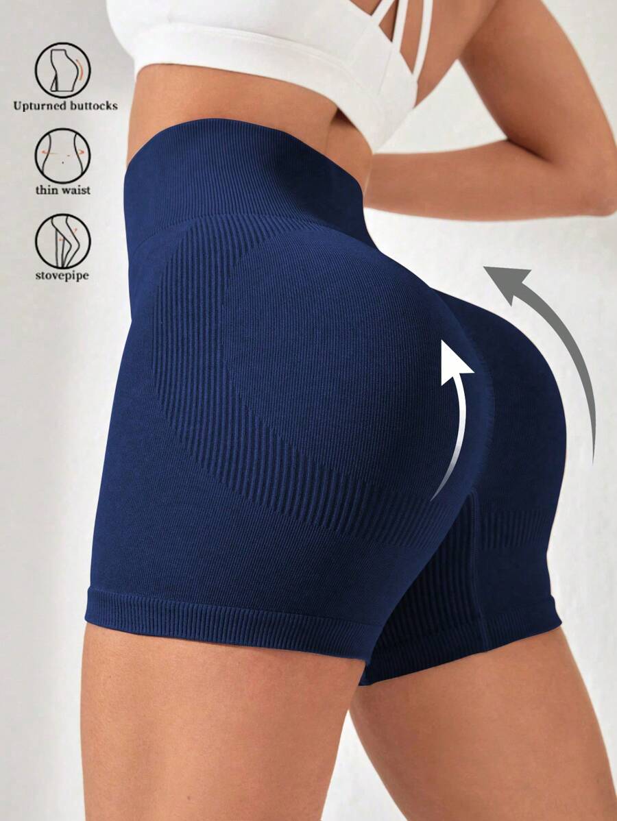 Easithlete Pantalones cortos deportivos con cintura ancha, pantalones cortos azules de mujer, pantalones cortos de sudadera, pantalones cortos de gimnasio, pantalones cortos de ciclista - Azul Marino - Ver 1