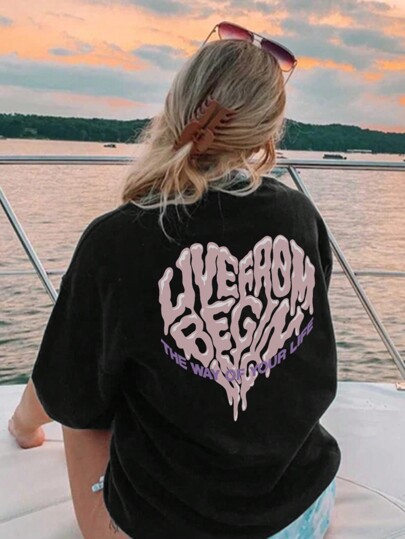 Women Letter Graphic Round Neck Short Sleeve T-Shirt