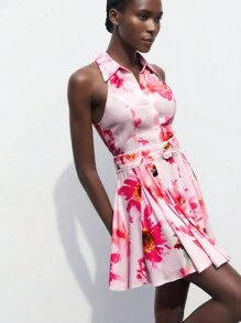 Maija 2025 春夏初秋独立日七月装毕业花卉印花褶皱纽扣前无袖衬衫领迷你连衣裙，女士休闲海滩度假 - 彩色 - 查看 6