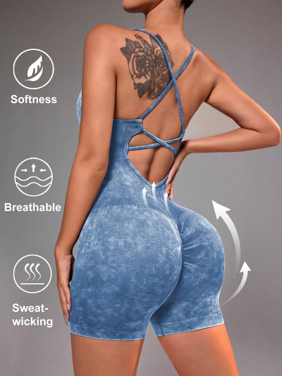 Easithlete Bộ áo liền quần tập yoga hở lưng thoáng khí cho nữ - Màu xanh lam - Xem 1