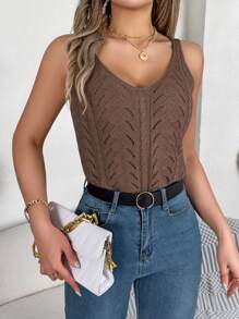 Women Spring/Summer Casual Hollow Knit V-Neck Tank Top - Coffee Brown - View 5