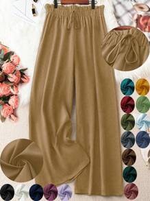 SHEIN LUNE Pantalones de pierna ancha de cintura con volante con nudo delantero