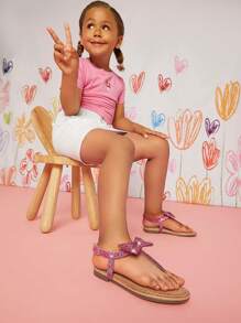 Mini mi Girls Super Cute  Pink Rhinestone Bow T-Strap Sandals - Shiny, Stylish, Comfortable, Perfect For Little Princesses - Red Violet - View 1