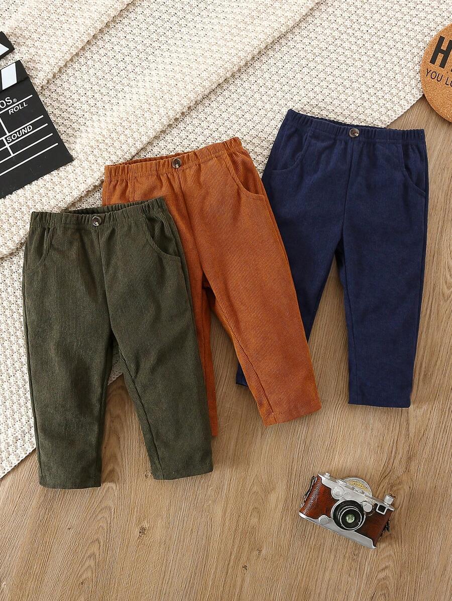 SHEIN Vintaside Kids Bộ 3 quần dài có túi, màu trơn, chất liệu vải nhung kẻ cho bé trai, thích hợp mặc hàng ngày, quần áo trẻ em trung tính mùa xuân/thu, phong cách thu/đông. - Nhiều màu - Xem 1