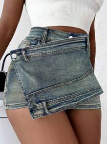 Chân váy denim ngắn ôm sát dáng bất đối xứng, cạp chun, kiểu dáng vintage Y2K, phong cách thường ngày, thích hợp cho mùa hè. - Màu xanh lam - Xem 3
