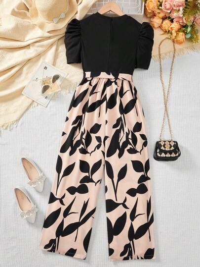 SHEIN Tween Girl 优雅纯色印花拼接短袖阔腿连体裤