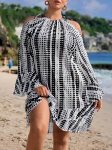 Plus Size Women's Open Shoulder Tie-Dye Printed Loose Shirtdress For Vacation Summer - Black and White - View 6