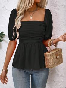 SHEIN Clasi Ladies' Plain Minimalist Pintucked Blouse For Daily Wear Peplum Top - Black - View 1