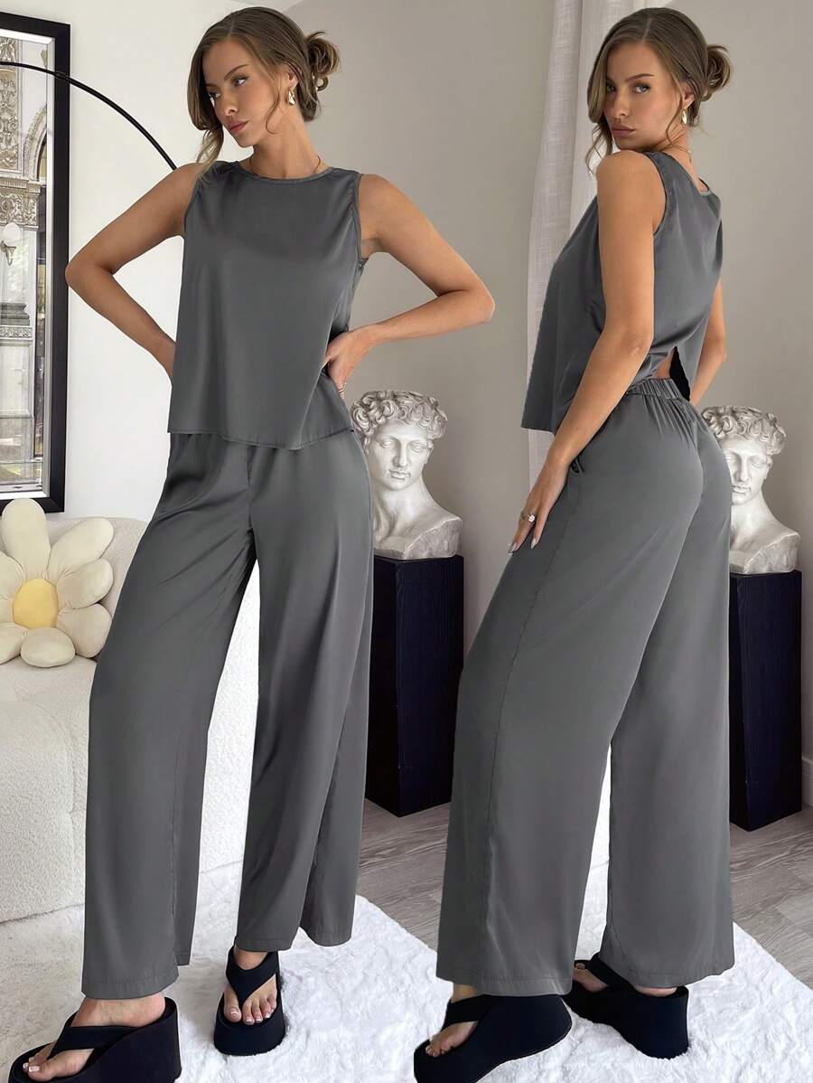 SHEIN Essnce 女性舒適的緞面親膚交叉設計2件套休閒裝，灰色，夏季波西米亞舊錢套裝現代老師服裝 - 灰色 - 查看 1