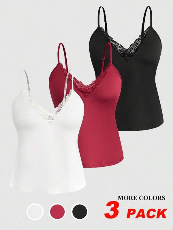 Celure Plus Size Summer Solid Color Lace Patchwork Camisole Top
