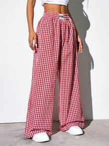 SHEIN EZwear 女款红色梭织阔腿裤 - 紅色 - 查看 4