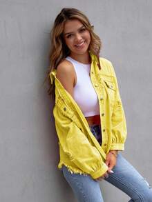 Women's Fashionable Loose Long Sleeve Denim Distressed Shirt Top Jacket - Yellow - View 6