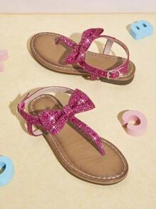 Mini mi Girls Super Cute  Pink Rhinestone Bow T-Strap Sandals - Shiny, Stylish, Comfortable, Perfect For Little Princesses - Red Violet - View 2