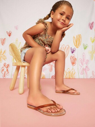 Mini mi 2024 Chic Tan Thong Sandals With Sparkling Rhinestone Base For Cute Girls - Effortless Style And Comfort With Round Open Toe And Easy Slip-On Design