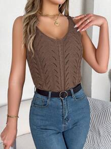 Women Spring/Summer Casual Hollow Knit V-Neck Tank Top - Coffee Brown - View 4