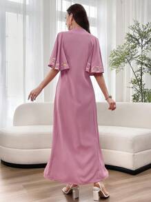 SHEIN Najma 女士花卉刺绣缺口领口荷叶边袖优雅连衣裙 - 粉色 - 查看 4