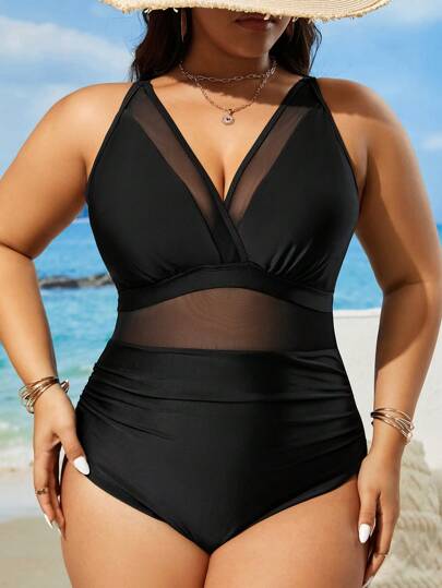 Swim Lushoire Plus-Size Summer Beach Contrast Mesh One-Piece Swimsuit, Full Coverage Swim Wear
