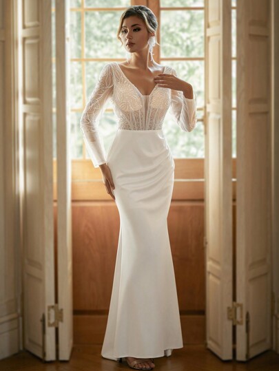 White Long Sleeve Fitted Mermaid Maxi Bridal Gown With Contrast Sequin Detail