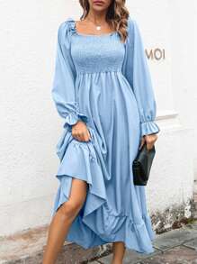 Autumn Smocked Square Neck Flared Dress | Boho Bell Sleeve Ruffle Hem Midi | Casual Elegant Solid Color - 淺藍色 - 查看 3