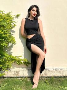 Zolique 黑色無背心背心+扭結設計長裙2件套 - 黑色 - 查看 3