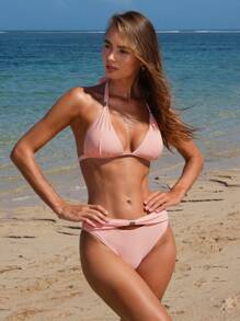 SHEIN Swim 女士純色露背頸帶綁帶性感比基尼套裝，適用於夏季沙灘 - 藕粉色 - 查看 7