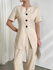 Mulvari Set di top e pantaloni a maniche corte con colletto a tacche monocolore da donna con chiusura a pulsante singolo - Albicocca - Visualizzare 4