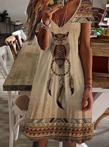 女式复古印花V领短袖连衣裙 - 彩色 - 查看 1