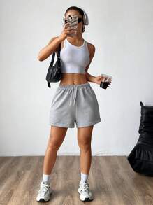 SHEIN Unity Quần short thường ngày có dây rút eo co giãn cho nữ - Xám - Xem 3