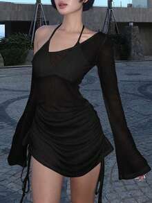 Women Solid Color Asymmetric Neck Long Sleeve Drawstring Dress, Suitable For Summer Black Spring Elegant - Black - View 3