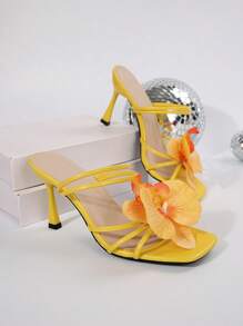 花卉装饰高跟凉鞋，欧美风夏季沙滩一脚蹬女士拖鞋，适合约会、通勤、宴会、聚会 - 黃色 - 查看 8