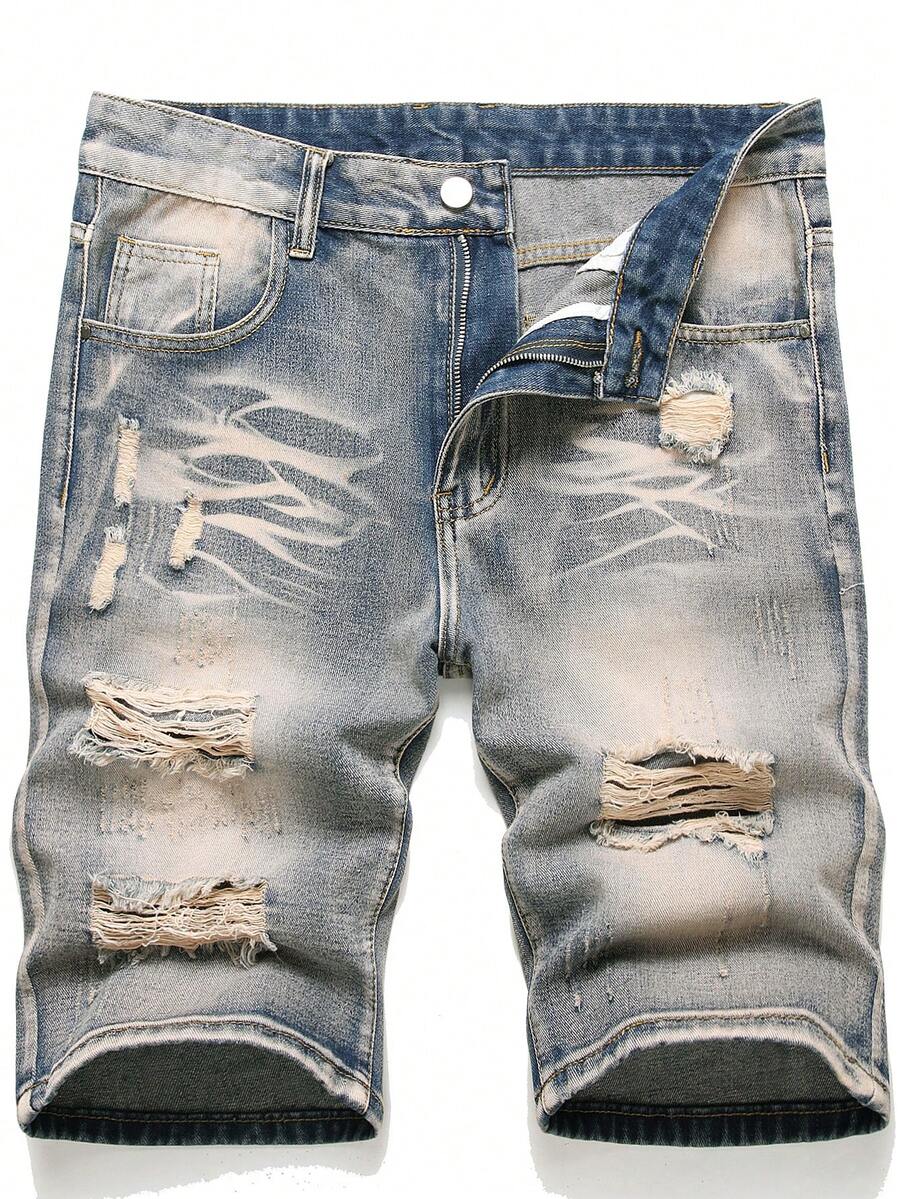 Pantalones cortos de mezclilla para hombre de ajuste delgado y pierna recta con bloqueo de color desgastado - Azul lavado medio - Ver 1