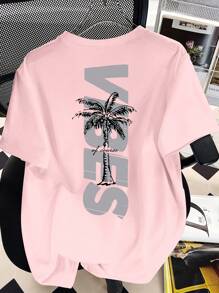 少女夏季字母和棕櫚樹印花圓領短袖休閒T恤 - 淺粉色 - 查看 2