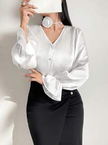 Modelyn Áo cài nút tay áo phía trước cho trang phục hàng ngày - trắng - Xem 6