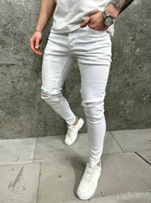 Men's Solid Color Skinny Ripped Jeans - 白色 - 查看 3
