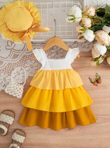 SHEIN Baby Girl Multi-Layer Design Fashionable Cap Sleeve Dress And Hat - Yellow - View 2