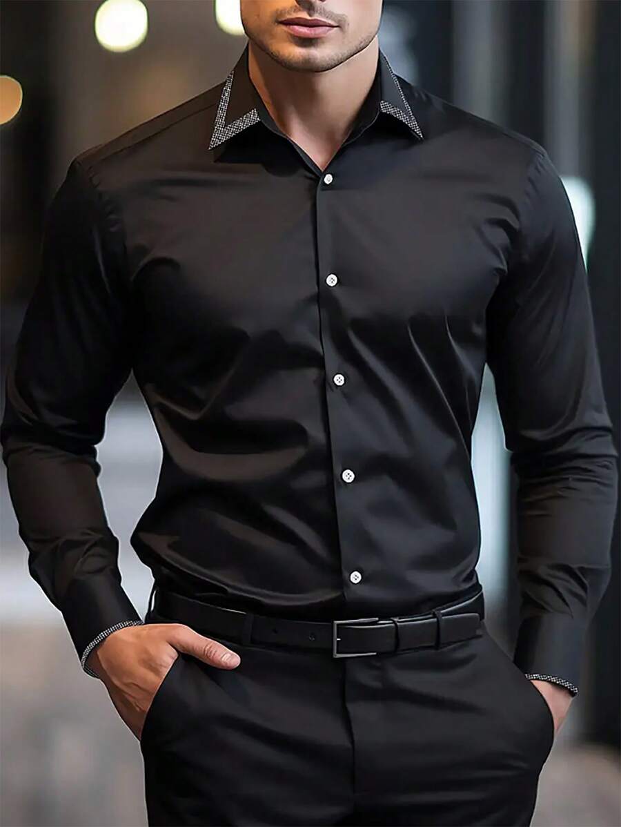 Manfinity Mode Áo sơ mi nam dài tay xuân hè du lịch hàng ngày, Slim Fit cài cúc áo sơ mi công sở màu đen trơn cho chồng - màu đen - Xem 1