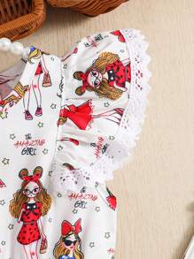 1入嬰兒女寶寶可愛卡通圖案荷葉邊無袖連衣裙，適用於日常穿著、攝影和遊戲，夏季 - 白色 - 查看 4