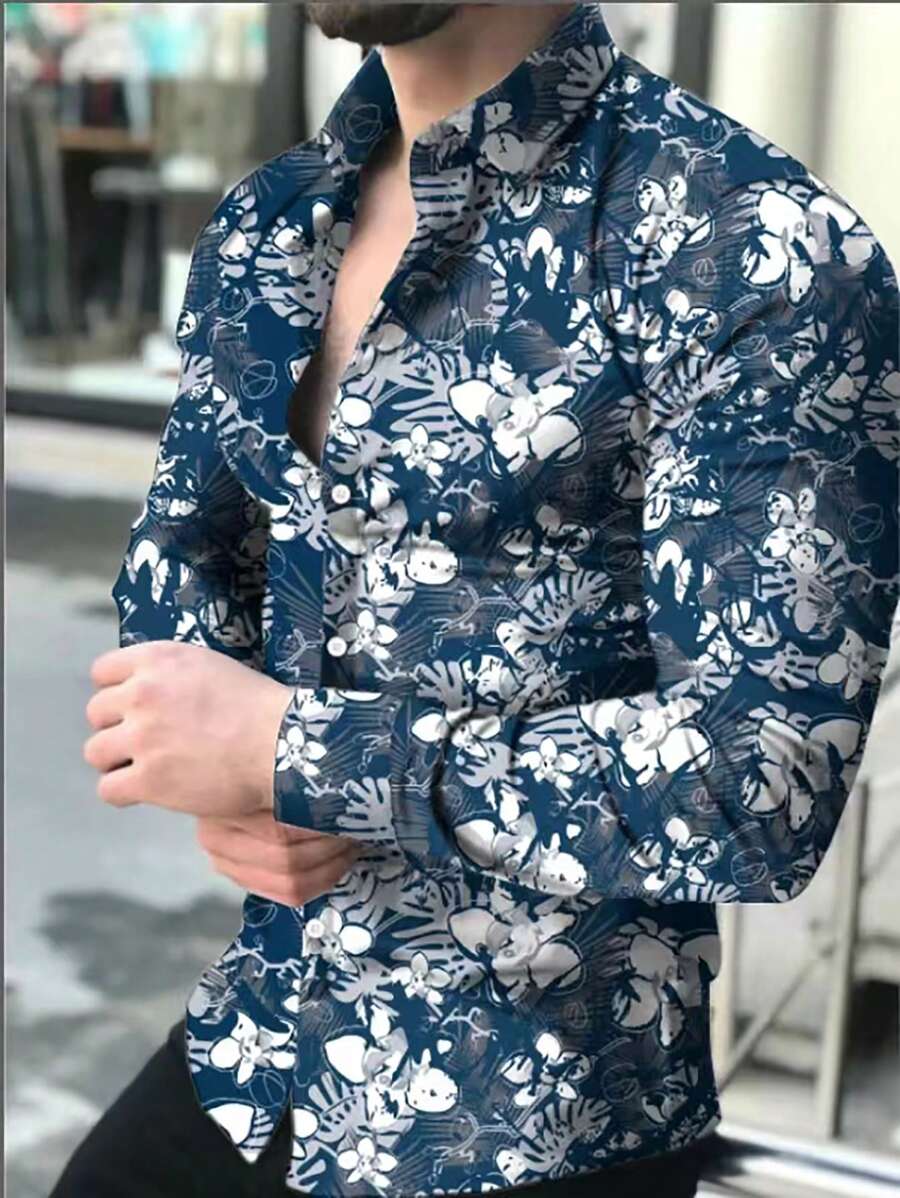 Manfinity Roughcore Men Floral Print Vacation Casual Long Sleeve Shirt, Men Blue And White Floral Button Down Shirt, Fall - Multicolor - View 1