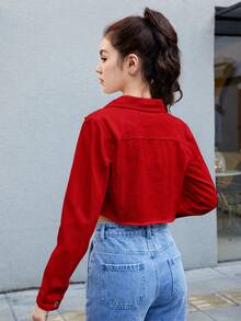 SHEIN Einfarbige, schlichte Jeansjacke für den Alltag für Teenager-Mädchen - Rot - Übersicht 2
