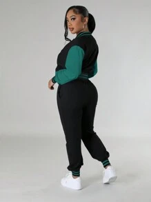 Two Pieces Women's Casual Color Blocked Single Breasted Long Sleeved Jacket Top And Drawstring Pocket Sports Pants Set For Spring And Autumn Wear