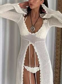 Simple Casual Everyday Long Sleeve Beach Cover Up - White - View 4