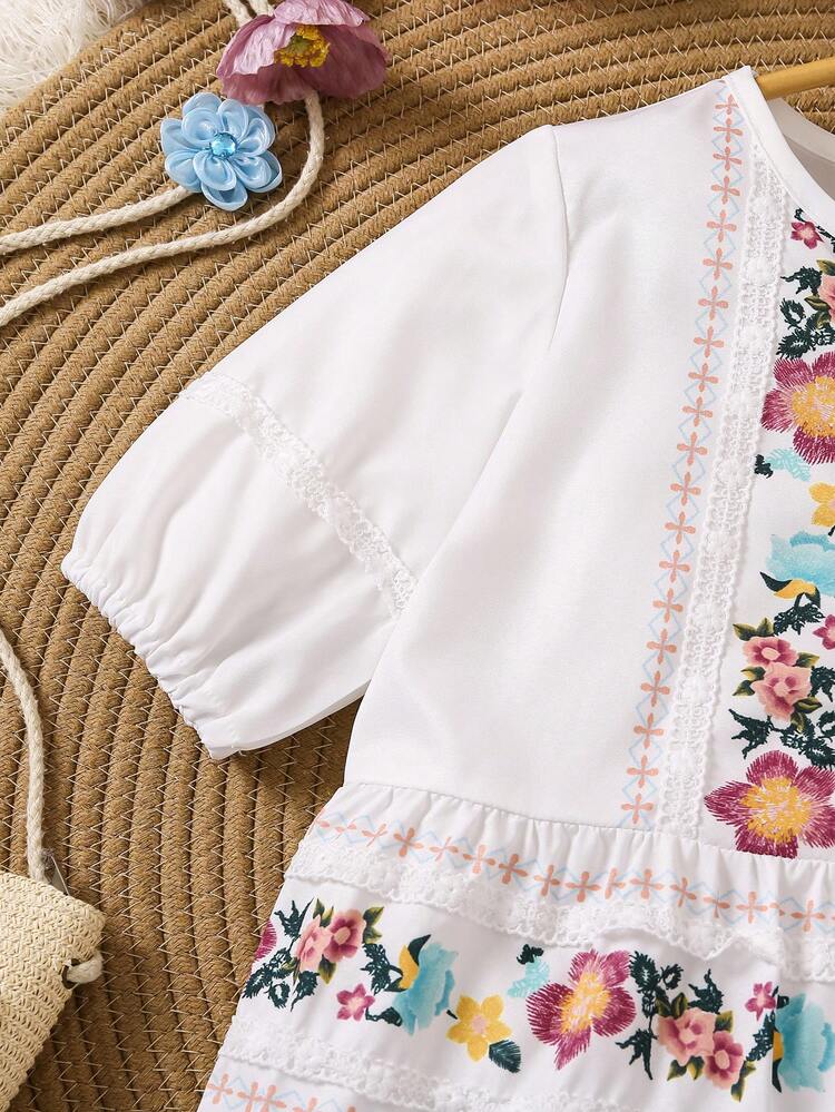 Summer-To-Fall Warm Vacation Style Girls' Dress, Handmade  Print With Lace Decor, New For Spring And Summer Seasons