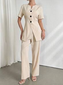 Mulvari Set di top e pantaloni a maniche corte con colletto a tacche monocolore da donna con chiusura a pulsante singolo - Albicocca - Visualizzare 6