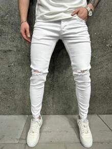 Men's Solid Color Skinny Ripped Jeans - 白色 - 查看 1